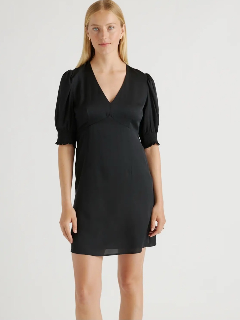 Quince Mini Dress Sz Small Black Washable Stretch Silk Puff Sleeve  AA22